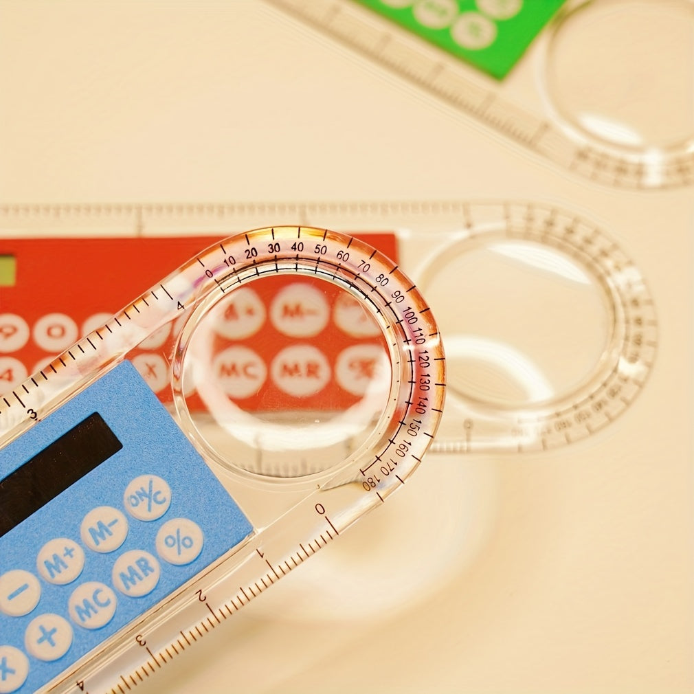 Mini Ultra-Thin Solar Calculator Ruler with Magnifying Glass 10cm Office School Supplies