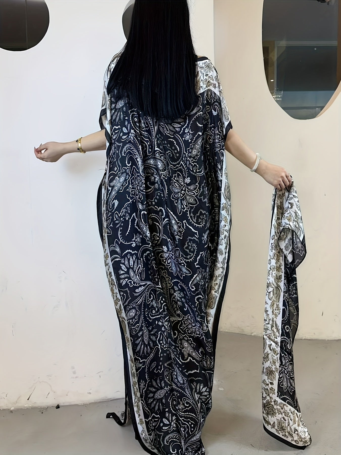 Women's Floral Print Maxi Dress Boat Neck Batwing Sleeves Loose Fit