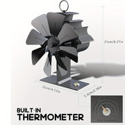 8-Blade Fireplace Fan with Built-In Thermometer for Wood Stove Heating