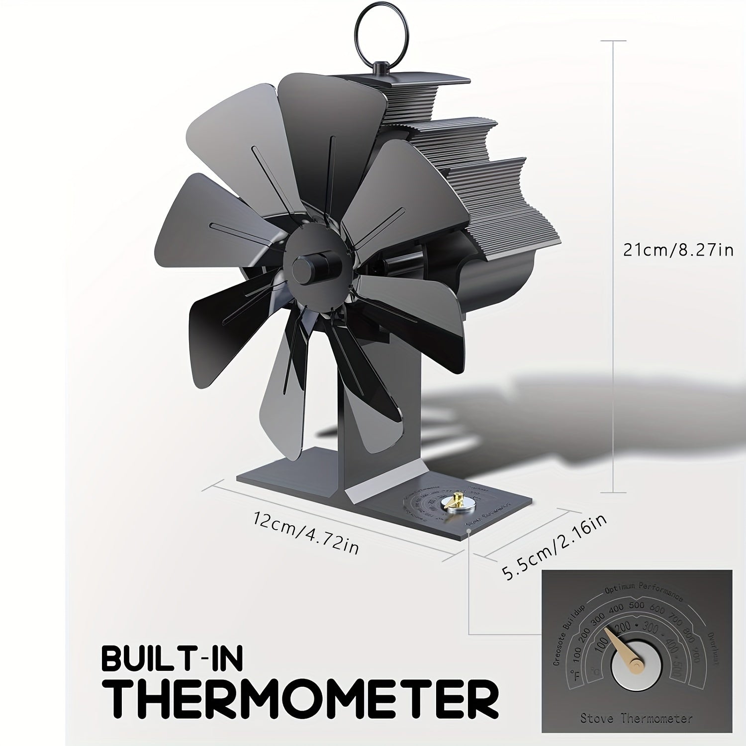 8-Blade Fireplace Fan with Built-In Thermometer for Wood Stove Heating