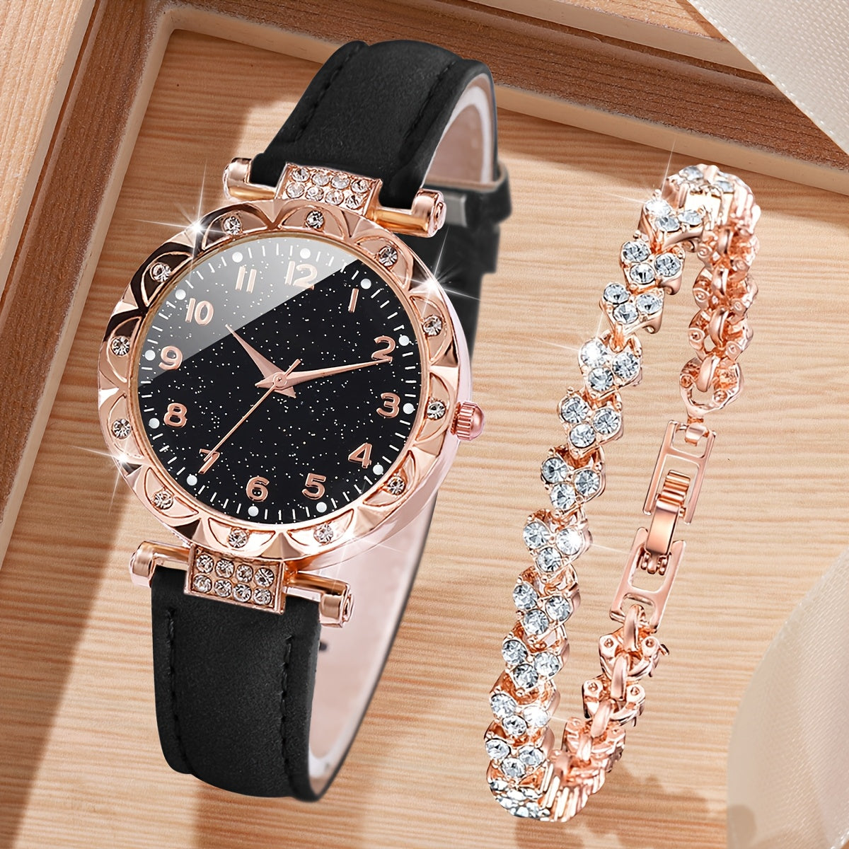 Women's Quartz Watch and Bracelet Set with Round Alloy Case and Faux Leather Band