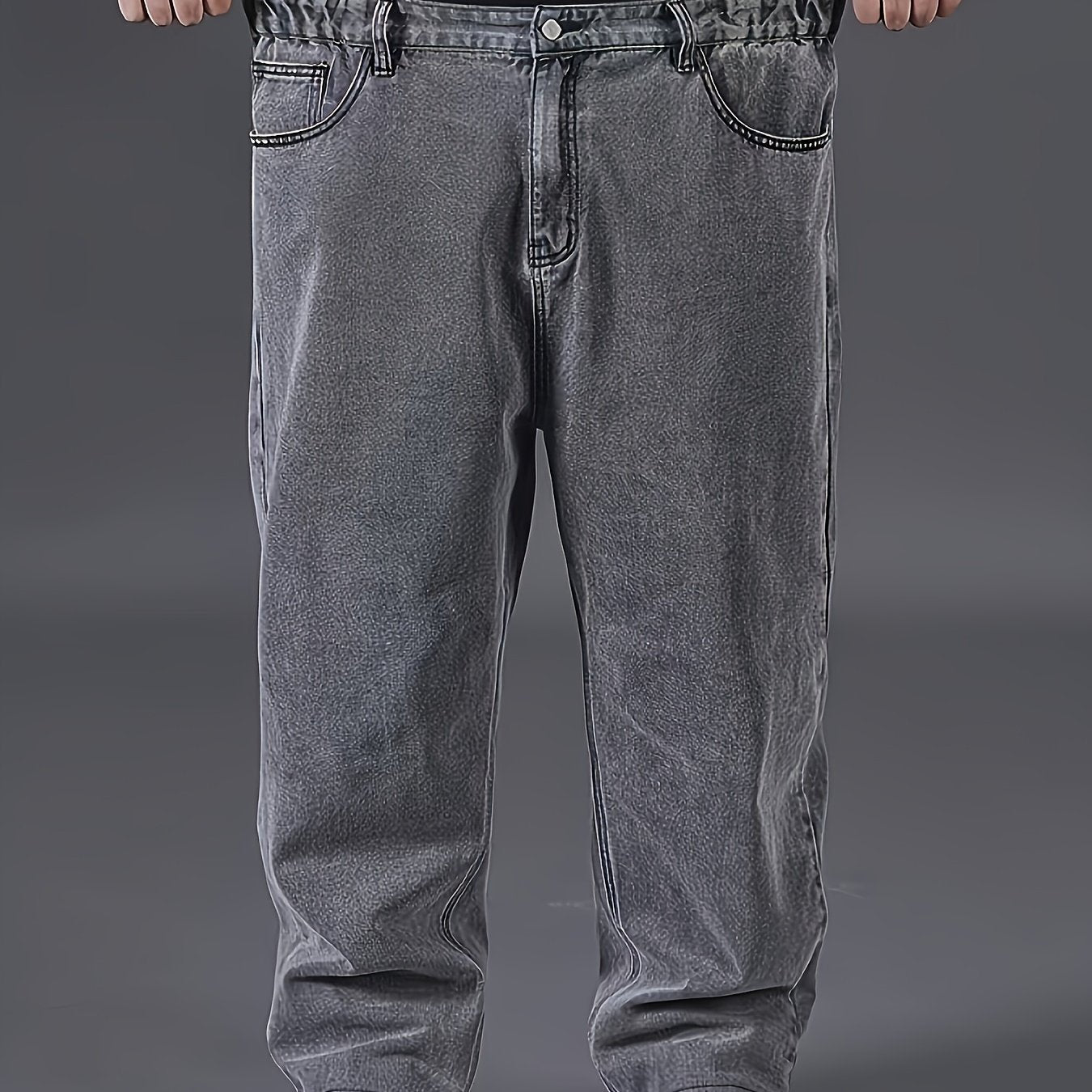 Erkaklar uchun plussiz denim jinsi shimlar, ozgina cho'ziladigan paxta aralashmasi, keng to'g'ri oyoq dizayni, yil davomida kiyish uchun yuvilgan bir xil rang.