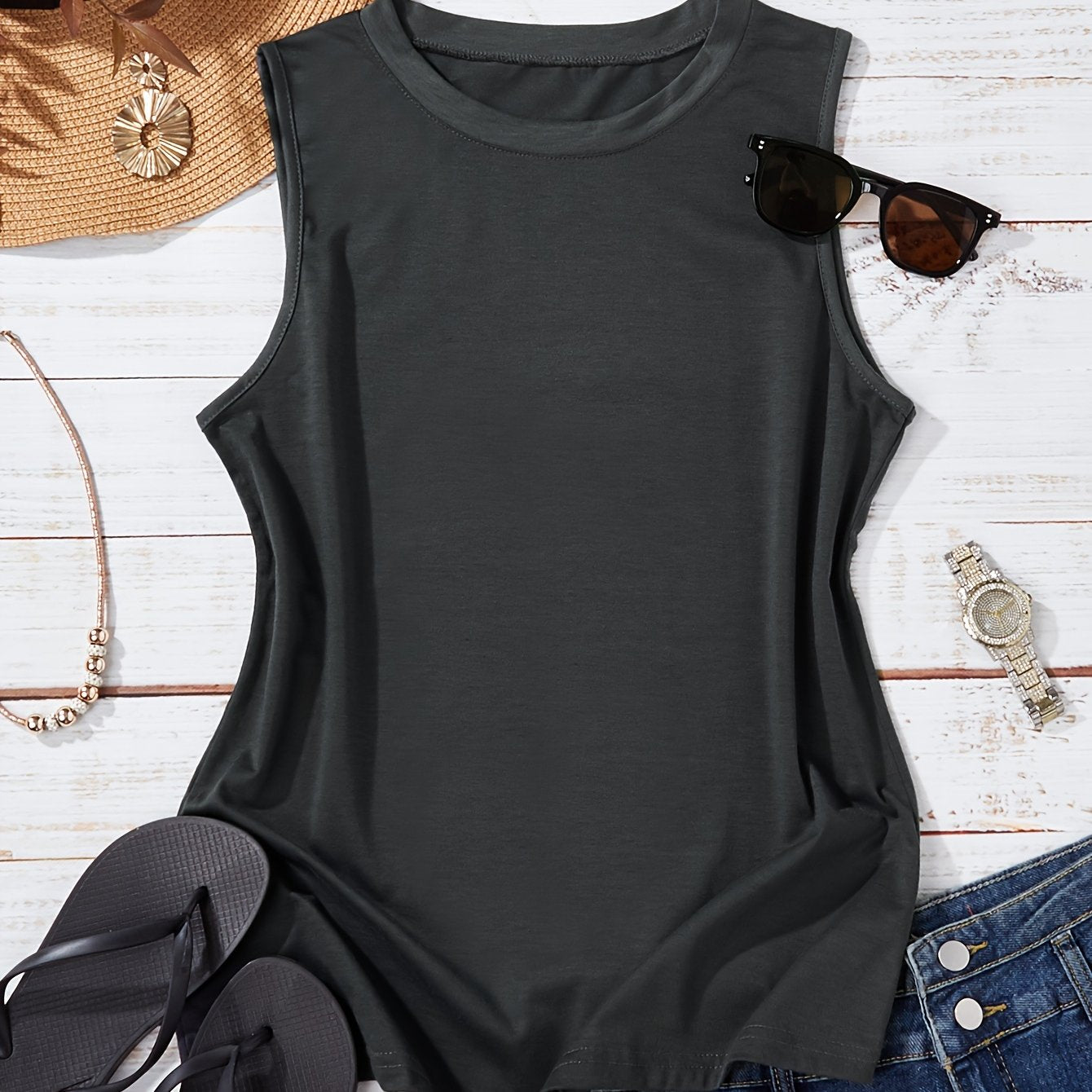 Plus Size Women's Olive Green Sleeveless Tank Top Casual Summer Wear