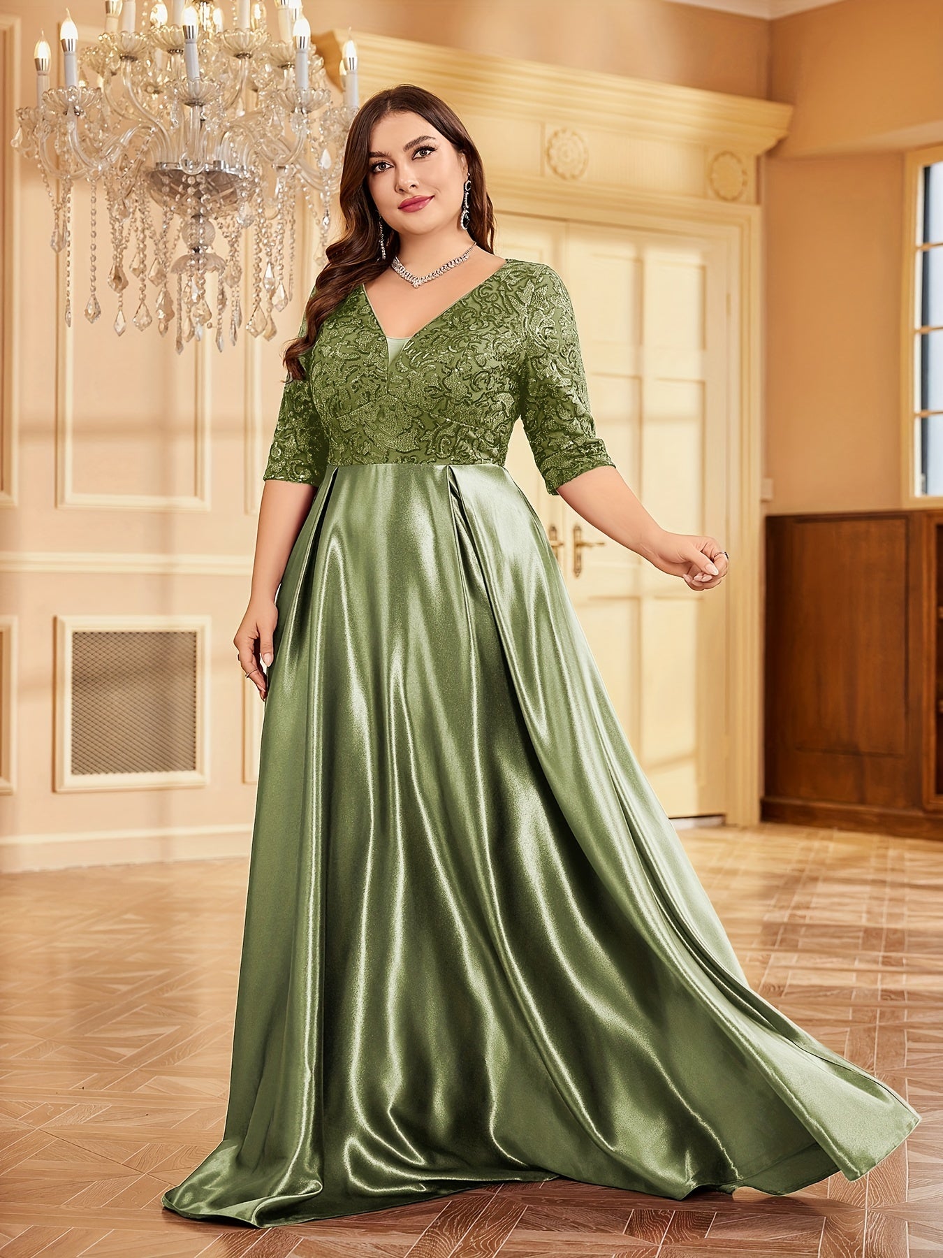 Women Sequin V-Neck Wedding Dress Mermaid A-Line Formal Gown