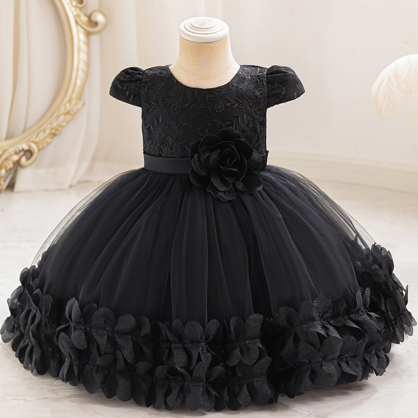 Vestido de princesa con malla para niñas pequeñas, con capucha de flores y mangas cortas para eventos formales