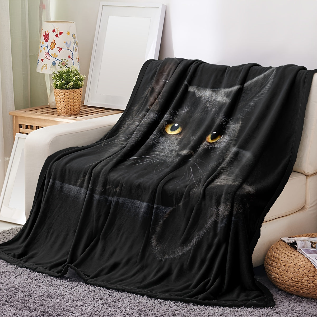 Black Cat Print Flannel Blanket for Adults Lightweight Soft Throw for Bed Couch Travel