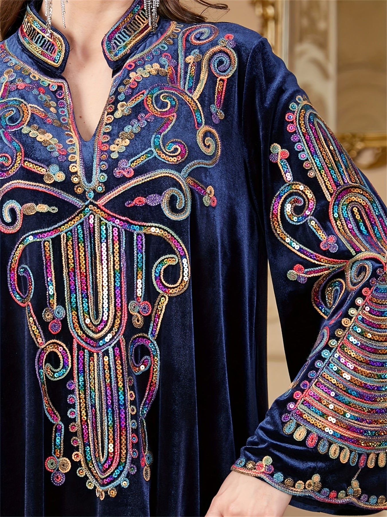 Women’s Dark Blue Sequin Abaya with Floral Patterns Long Sleeve Velvet Maxi Dress for Ramadan and Formal Events