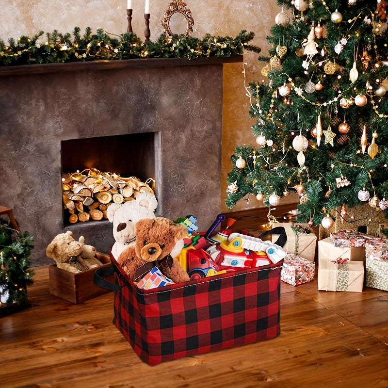 Plaid Christmas Gift Basket Storage Box with Handles for Home or Office Red Black