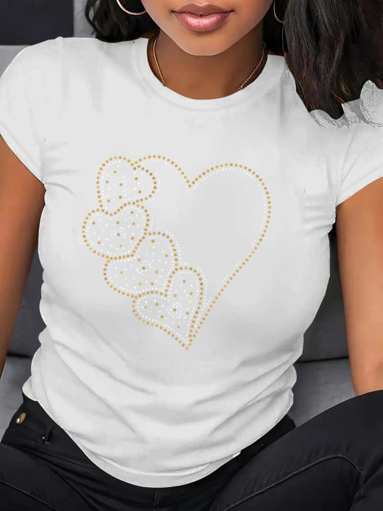 Plus Size Women's Casual T-Shirt with Rhinestone Heart Short Sleeve Beige