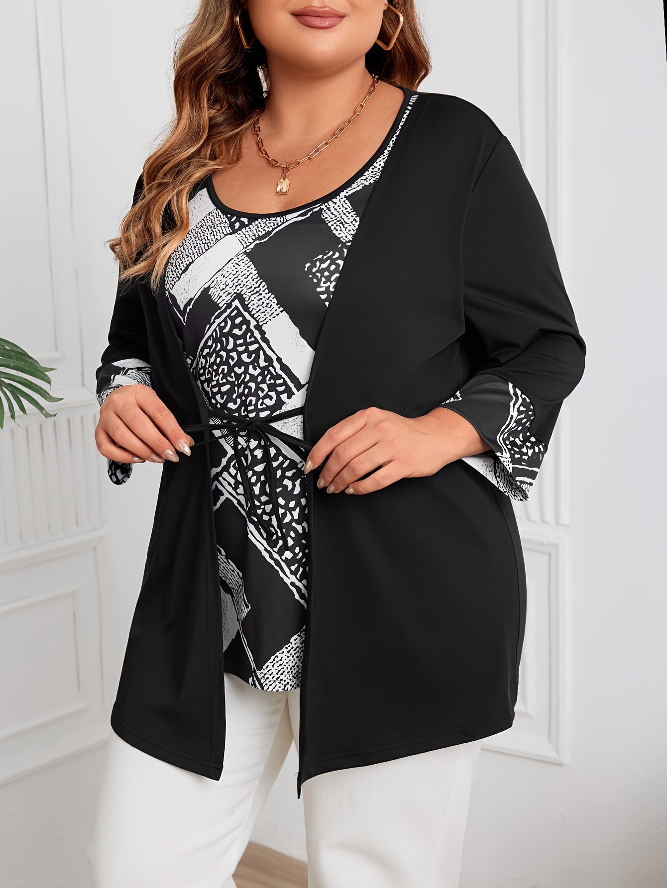Plus Size Women's Faux Two-Piece Geometric Print Blouse with Tie Waist