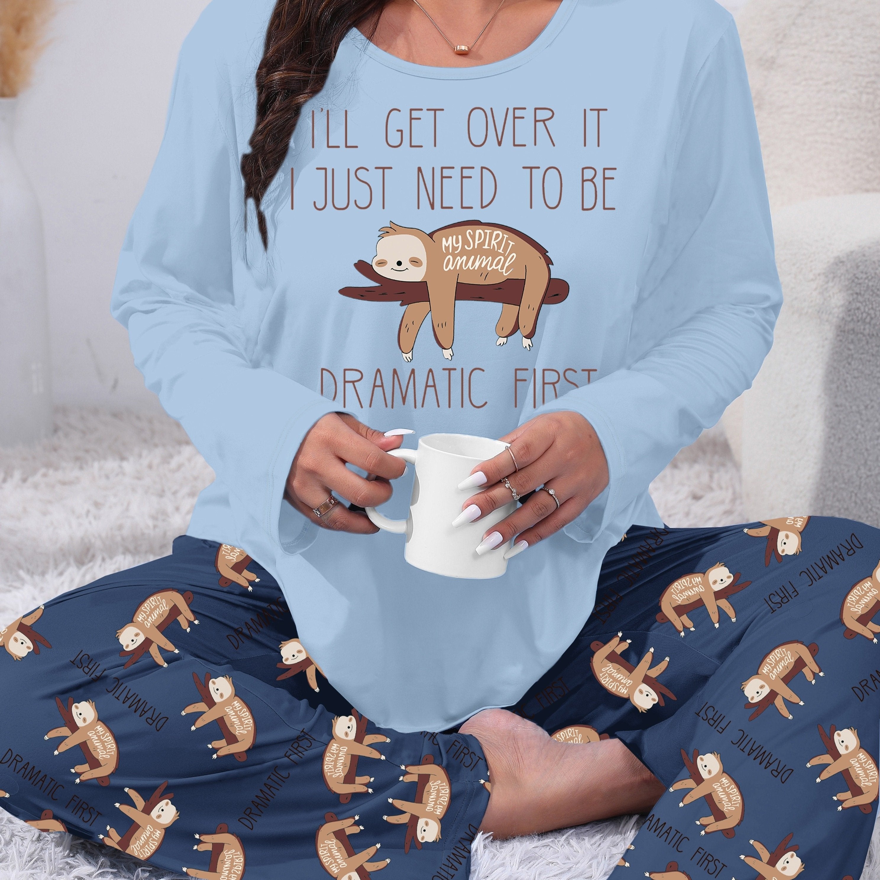 Plus Size Women's Pajama Set Soft Polyester Otter Print Long Sleeve Pants