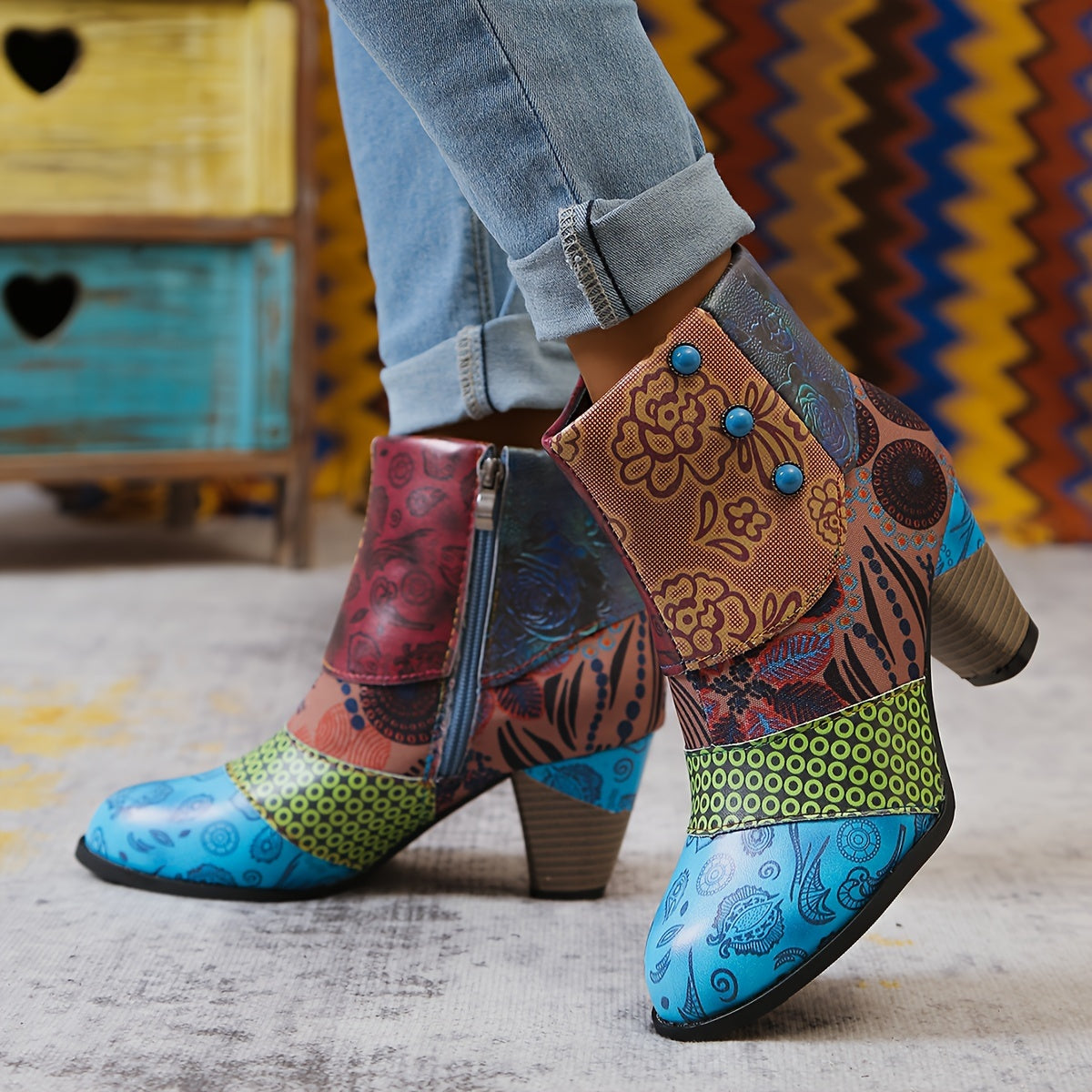 Women Bohemian Ankle Boots Fabric Insole Block Heel with Floral Patterns