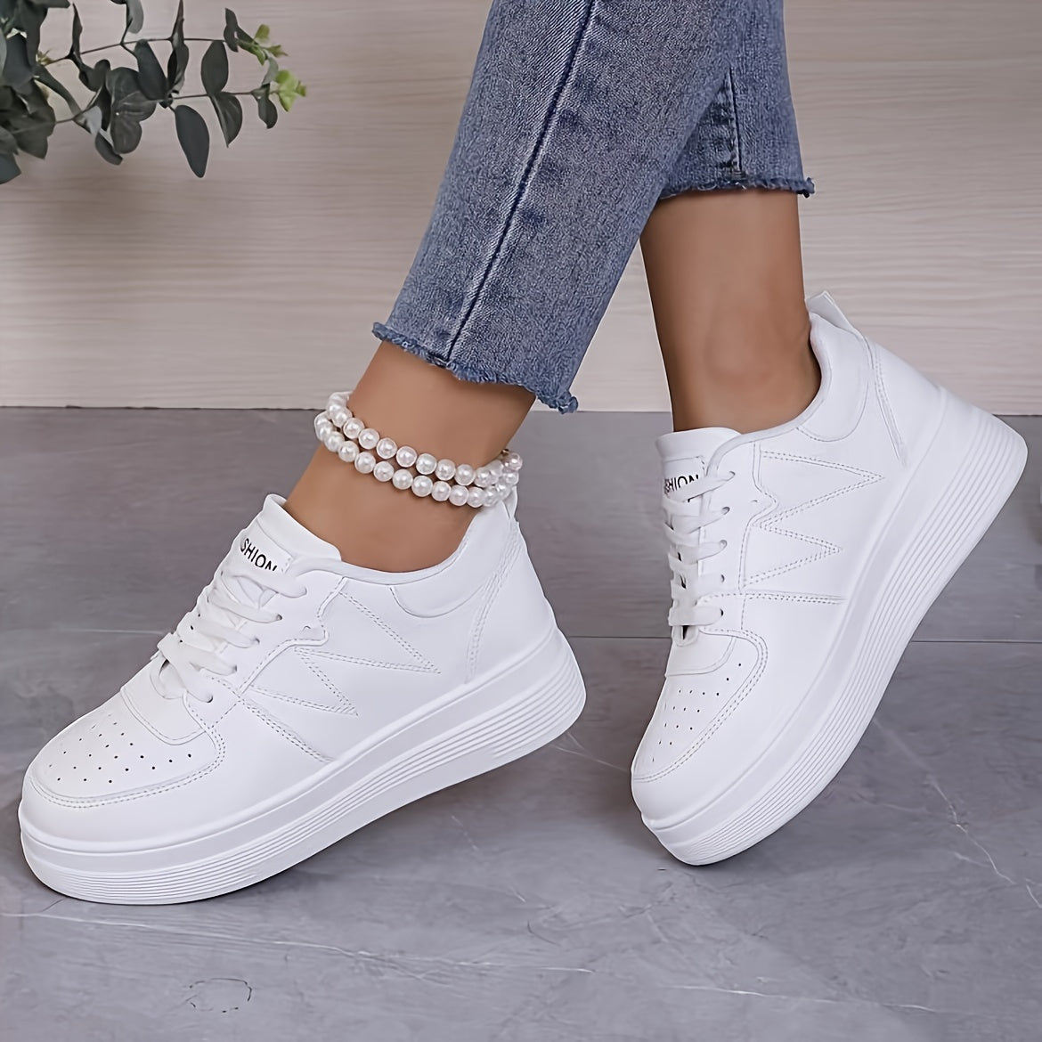 Women's White Beige Lace-Up Sneakers Synthetic Rubber Sole All-Season Casual