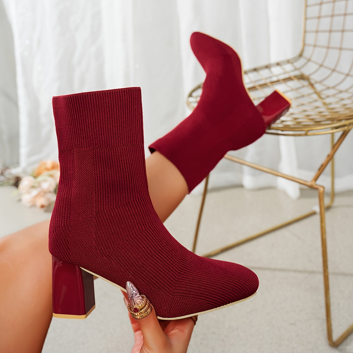 Women's Knitted Slip-On Boots with Chunky Heel and Point Toe