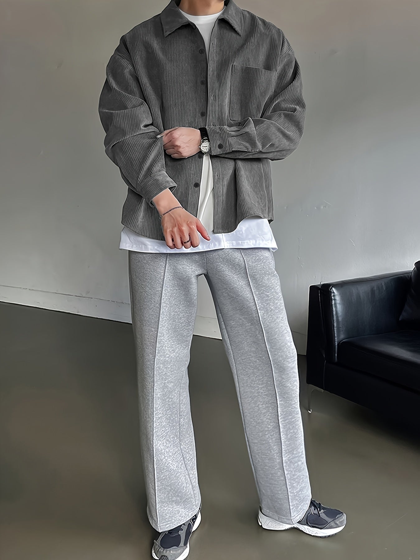 Men's Casual Corduroy Shirt Loose Fit Lapel Collar Chest Pocket 100% Polyester