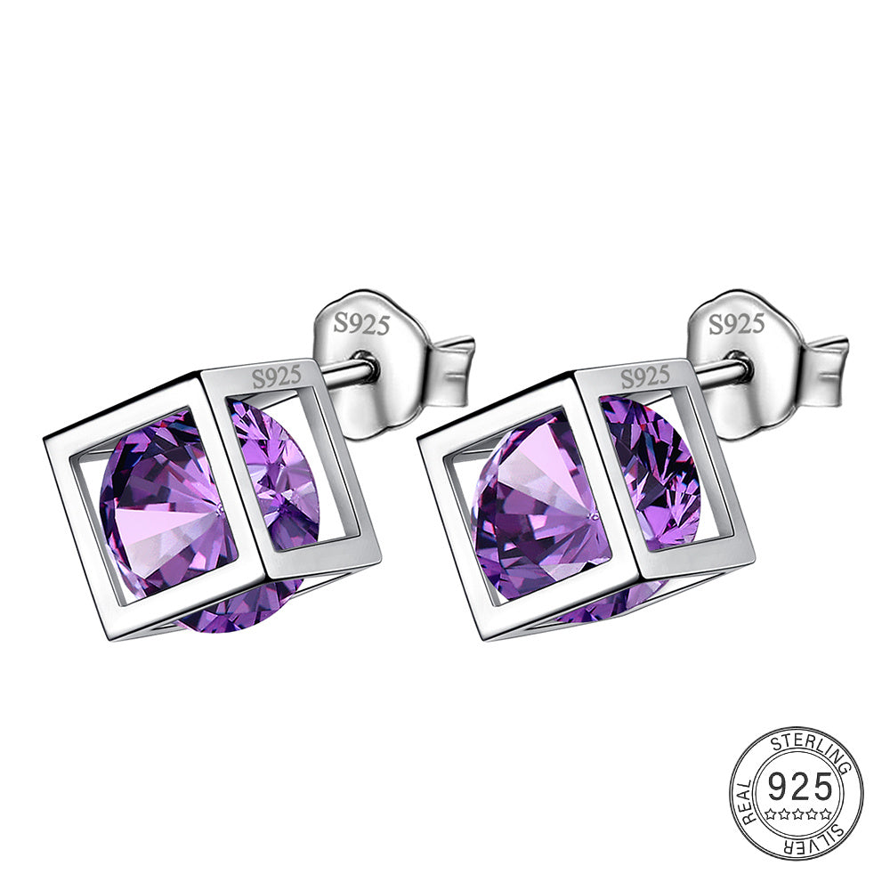 Small 3D Cube Birthstone Stud Earrings for Women Sterling Silver Minimalist Birthday Gift