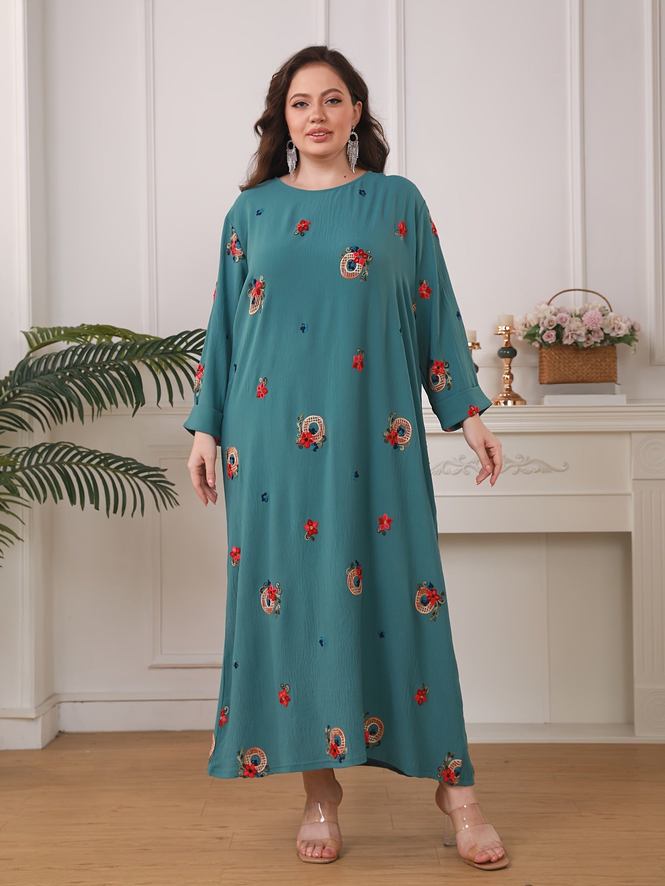 Plus Size Floral Print Abaya for Women Long Sleeve Loose Fit Middle Eastern Style