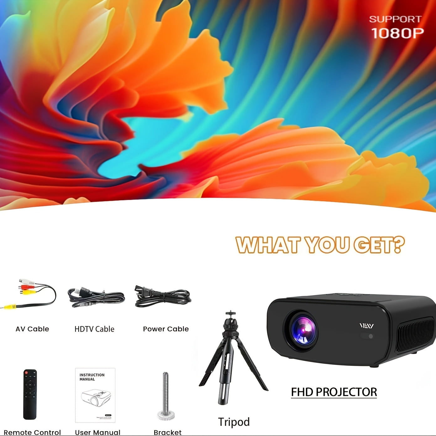 Portable 1080P Projector with Android TV WiFi 6 4K Support for Home Theater