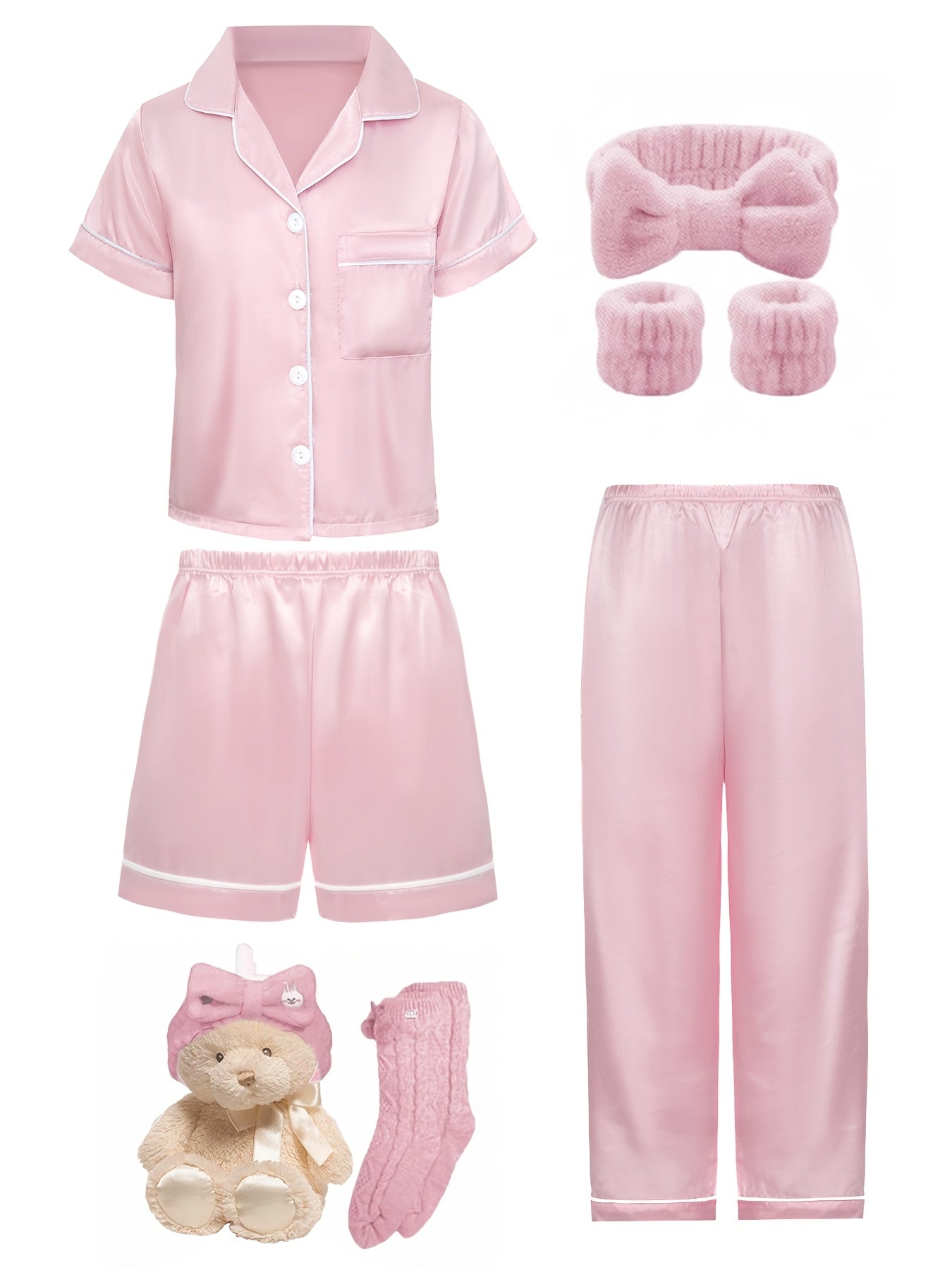 Girls Flame Retardant Pajama Set with Beige Short Sleeve Collared Cardigan and Matching Shorts or Pants for Spring and Fall