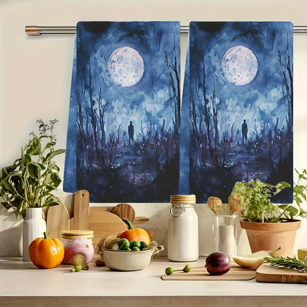 Set of 2 Ultra Soft Kitchen Towels, Supernatural Night Theme, 40x60 cm