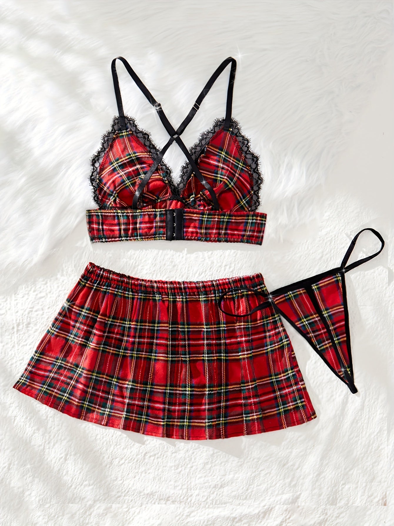 Women's Lingerie Set 3 Pieces Plaid Sexy Role Play Costume
