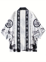 Men's Lightweight Kimono Cardigan with Dragon Print, 3/4 Sleeves, Open Front