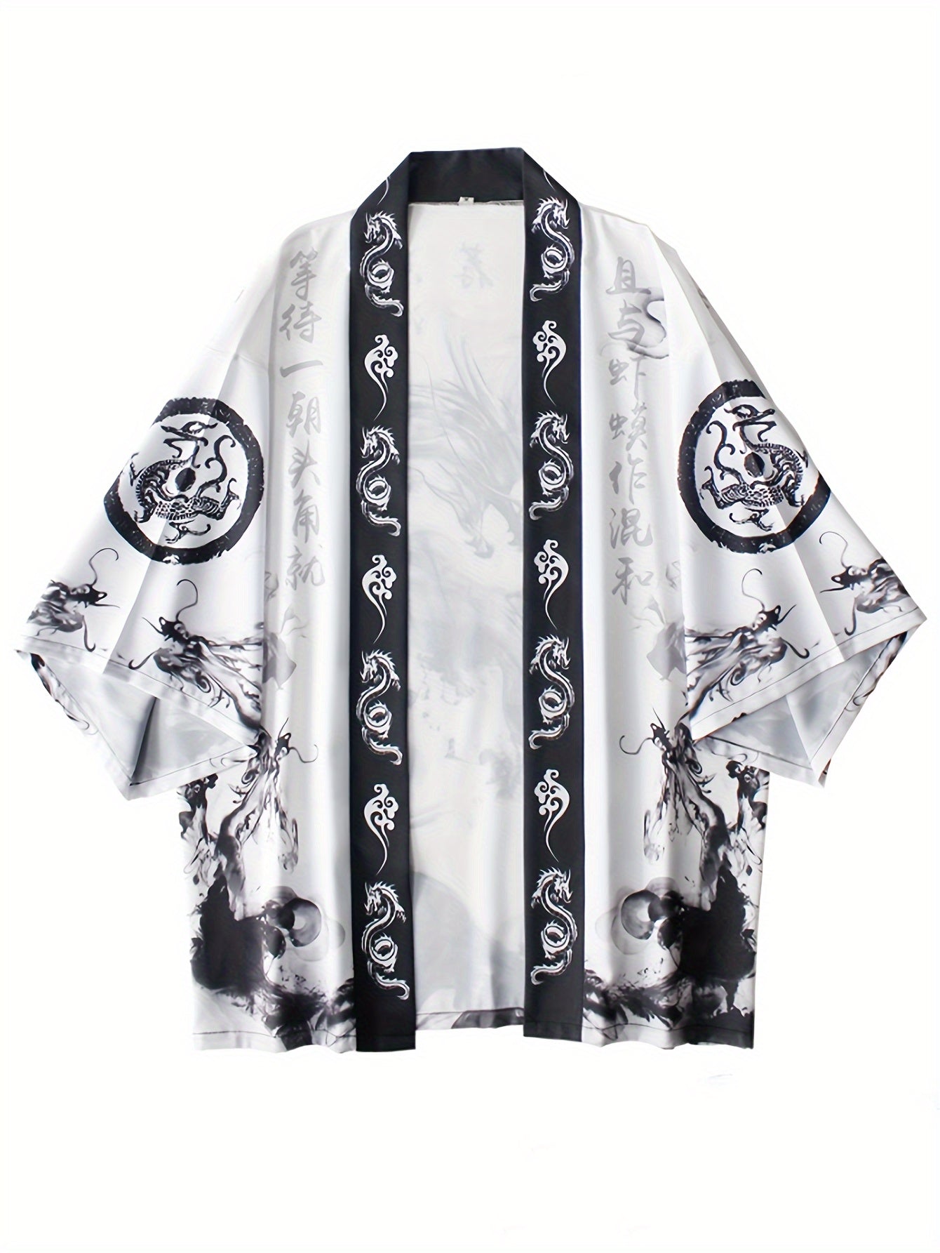 Men's Lightweight Kimono Cardigan with Dragon Print, 3/4 Sleeves, Open Front