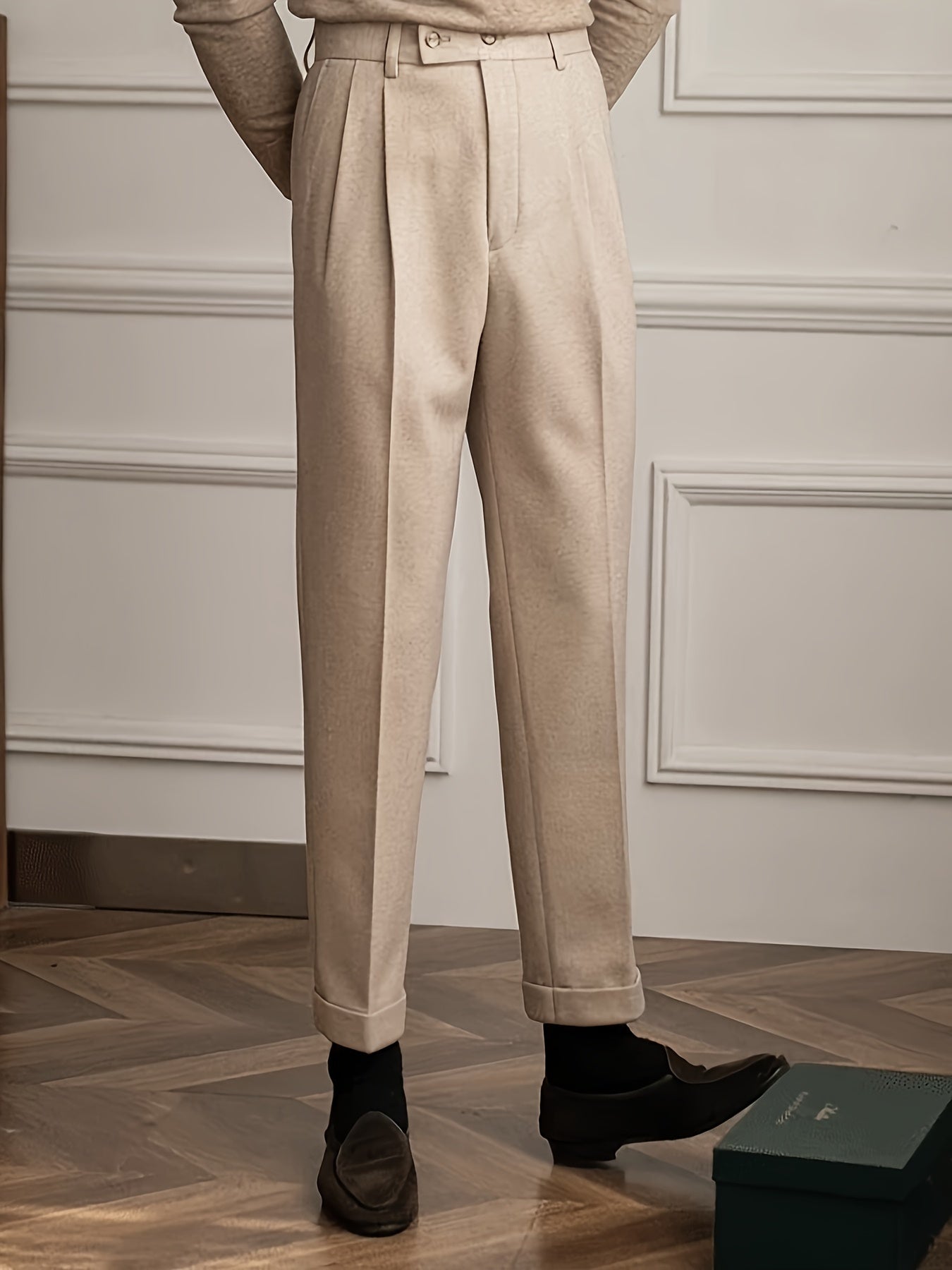 Pantalones de estilo británico de cintura alta para hombre, color sólido, con elastano, para otoño e invierno, trabajo