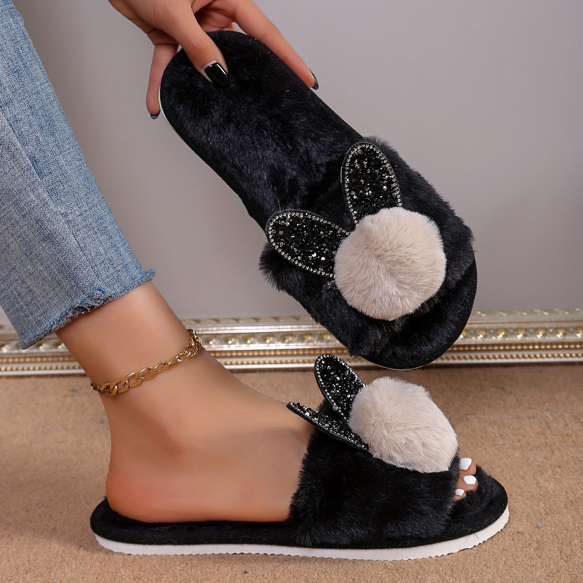 Zapatillas con orejas de conejo con purpurina para mujer, interiores, para todas las estaciones, con felpa de peluche, zapatos de casa de EVA