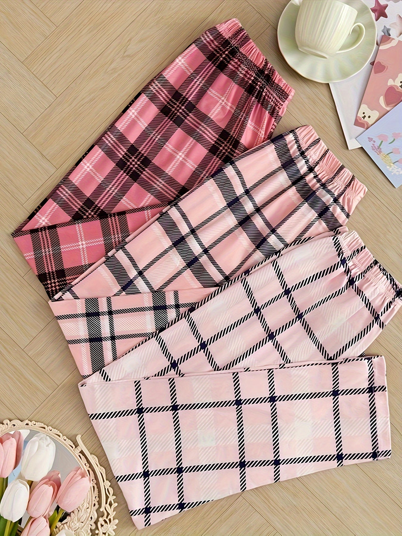 Women's Plaid Lounge Pants Elastic High Waist Cropped Sleepwear Loungewear