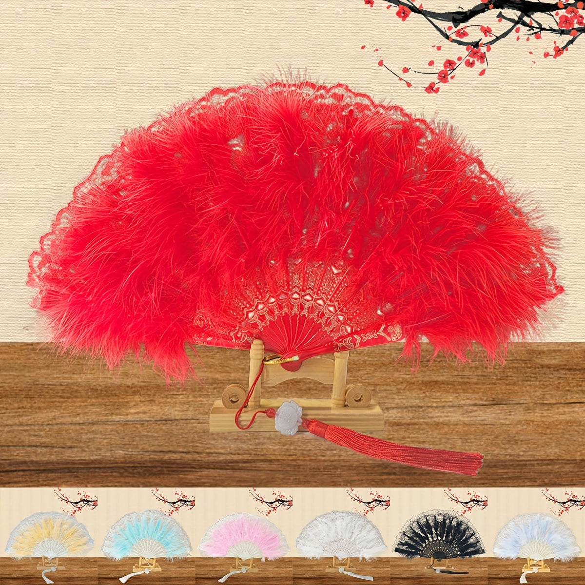 Lace and Feather Foldable Fan with Vintage Floral Pattern for Weddings and Events