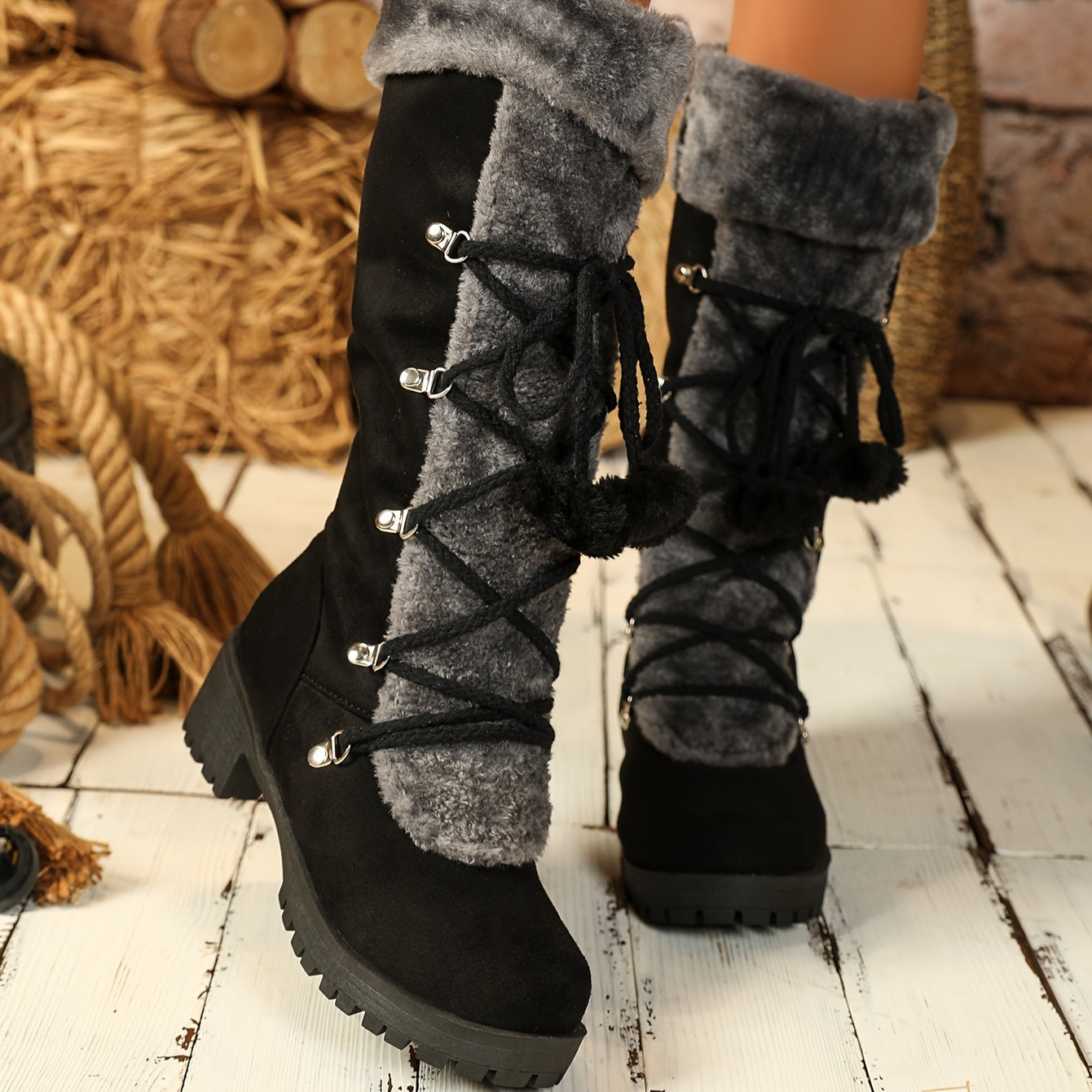 Women's Winter Faux Fur-Lined Mid-Calf Snow Boots with Chunky Heel
