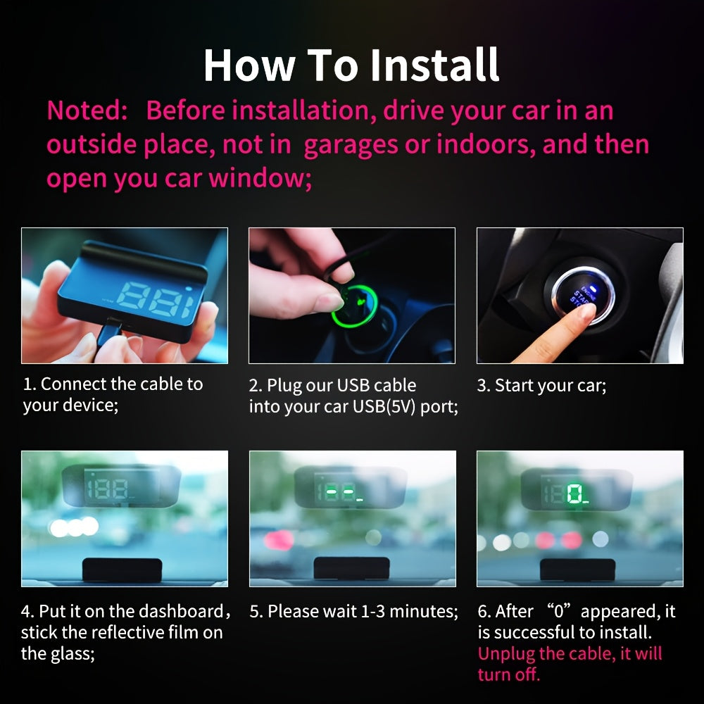 Car Head-Up Display Speedometer with Auto Brightness USB Powered Fits All Models