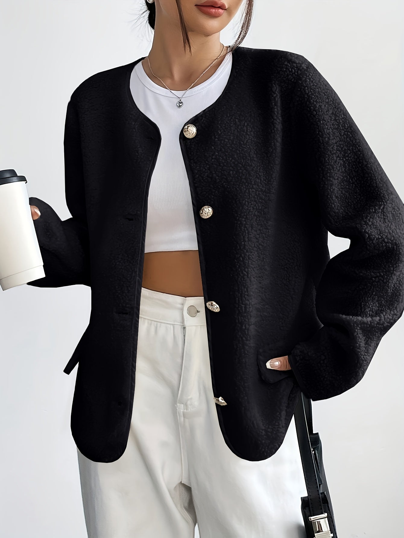 Chaqueta de poliéster para mujer de cuello redondo, de color sólido, con botones, para otoño e invierno, tejido no elástico