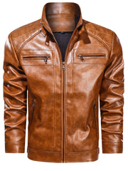 Men's Retro PU Leather Biker Jacket with Zipper Pockets Casual Spring Fall
