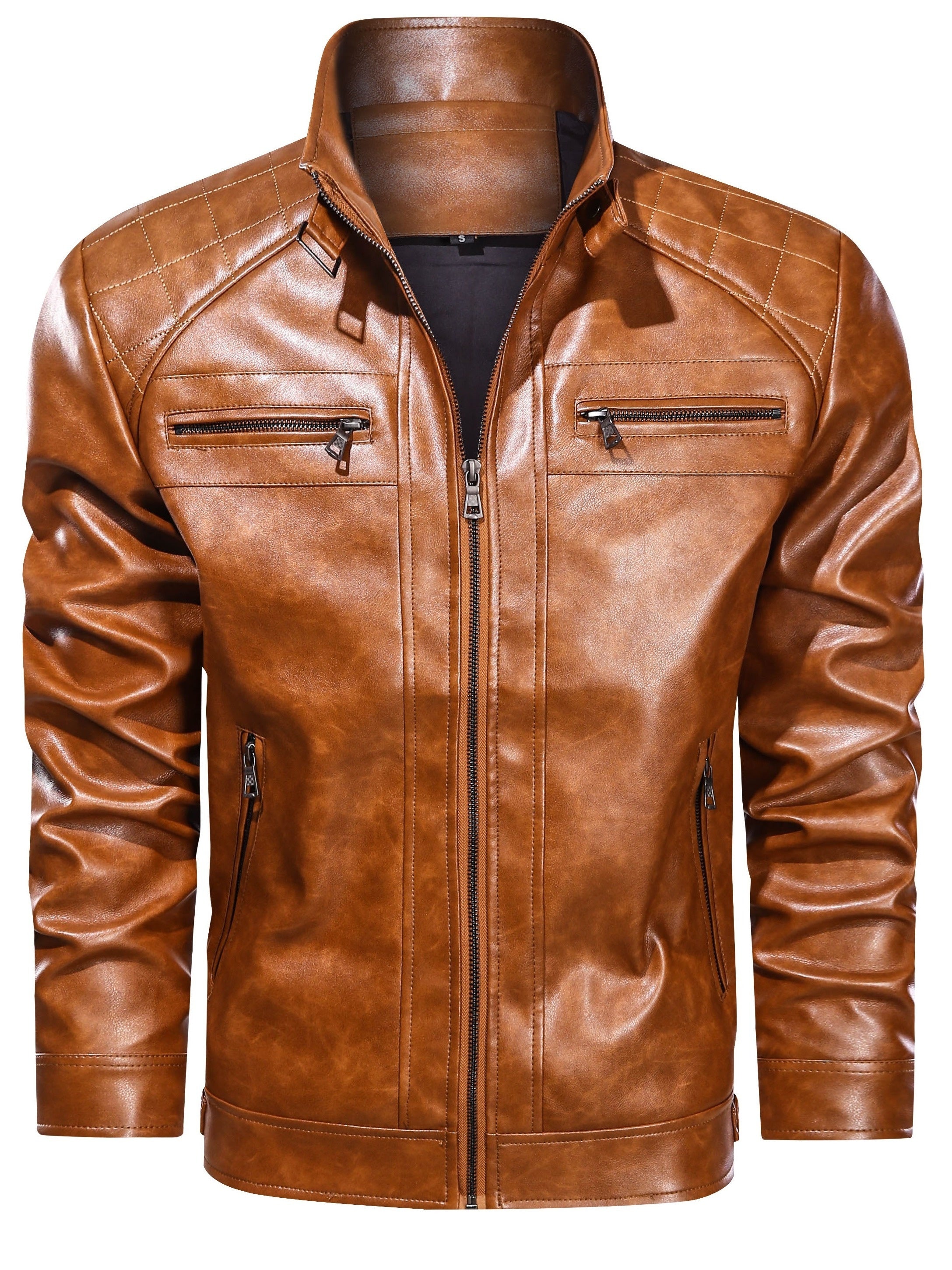 Chaqueta de cuero retro para hombre con cremallera y bolsillos con cremallera, casual para primavera y otoño