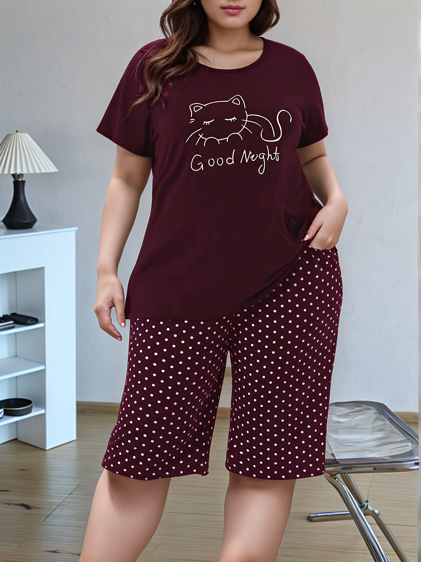 Women's Cotton Pajama Set Kitten Print Short Sleeve Sleepwear Large Size