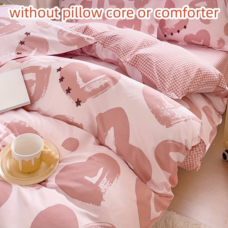 Pink Heart Print Duvet Cover Set 4 Pieces All-Season Bedding for Bedroom Guest Room