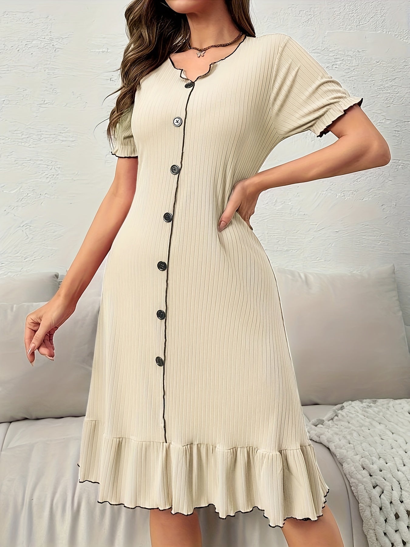 Vestido casual de primavera y verano para mujer con dobladillo de encaje en contraste y escote en V