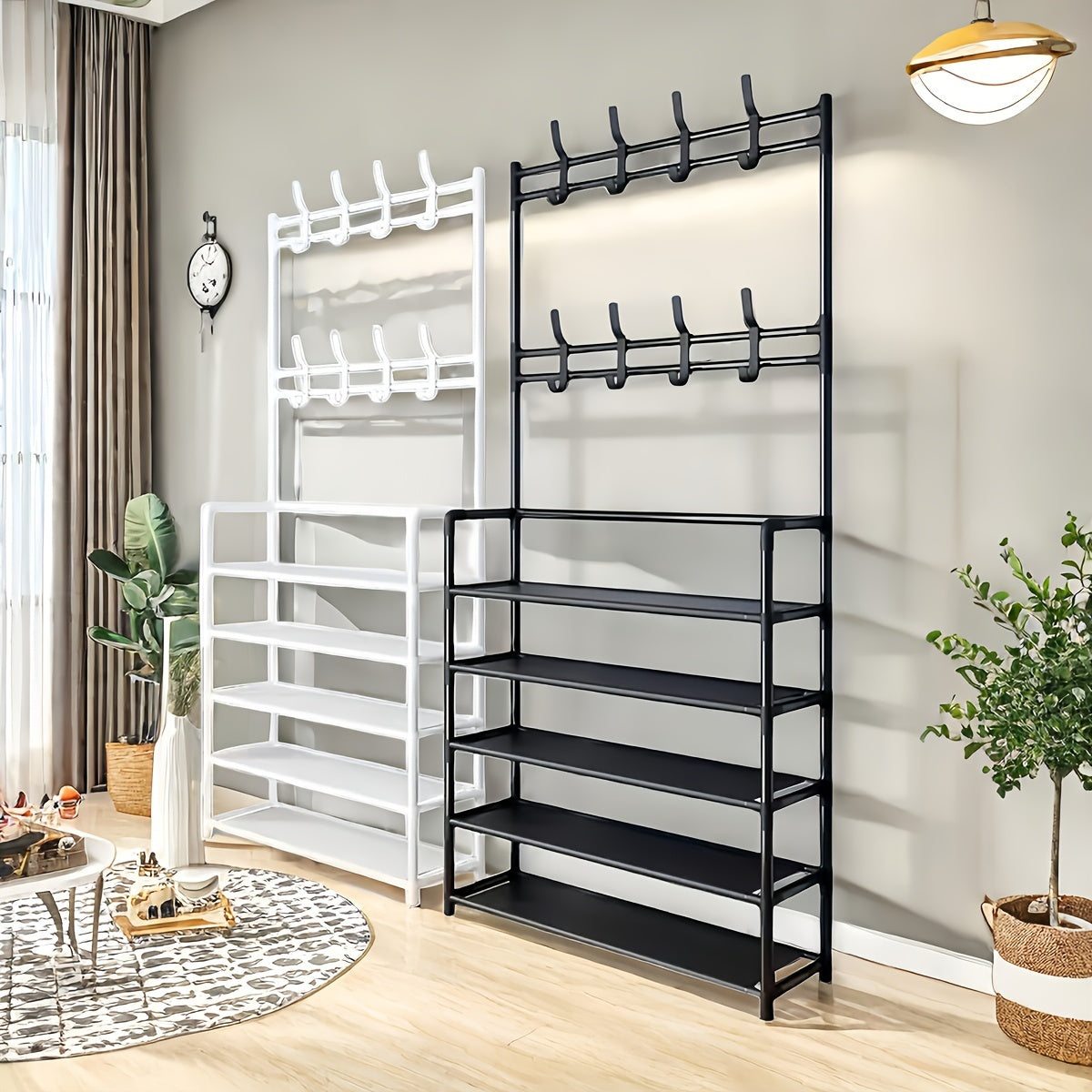 Metal Entryway Storage Rack with Shoe Shelves Hooks and Coat Stand in White or Black