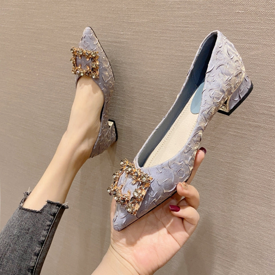 Women's Low Chunky Heel Pointed Toe Shoes with Square Rhinestone Decor