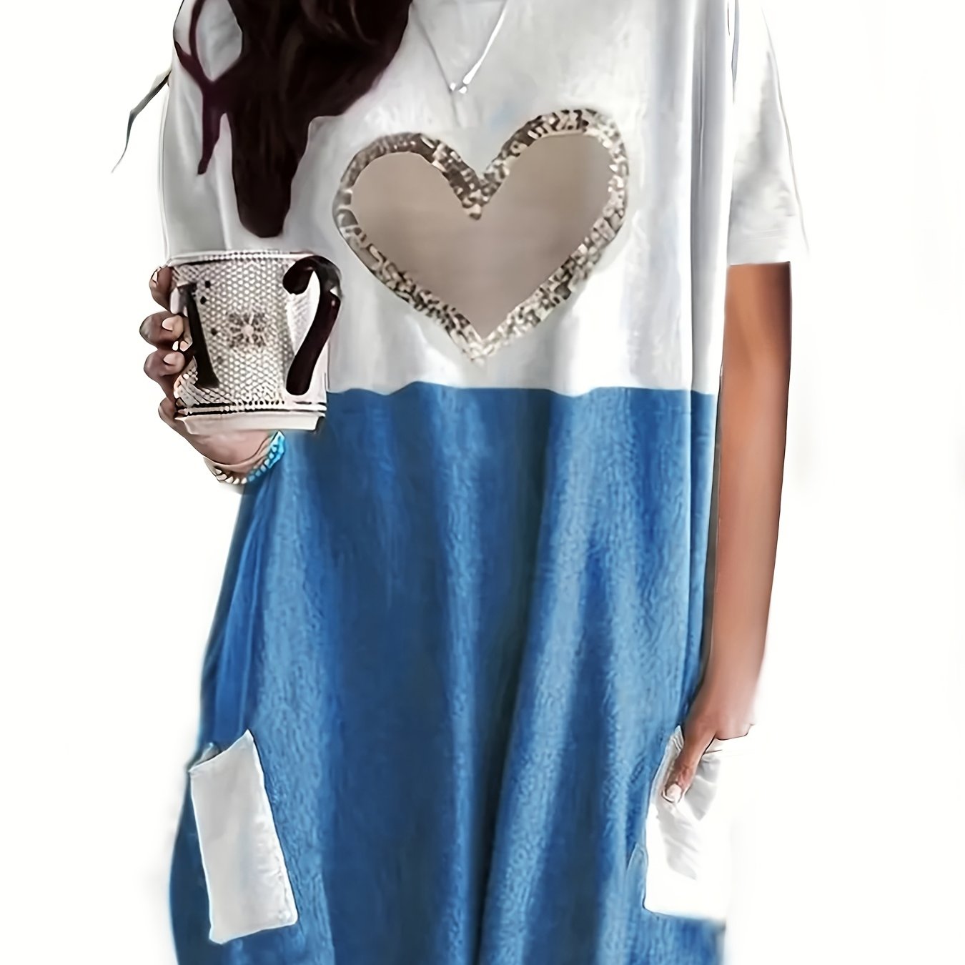 Plus Size Women's Heart Print Casual T-Shirt with Color Block Hem