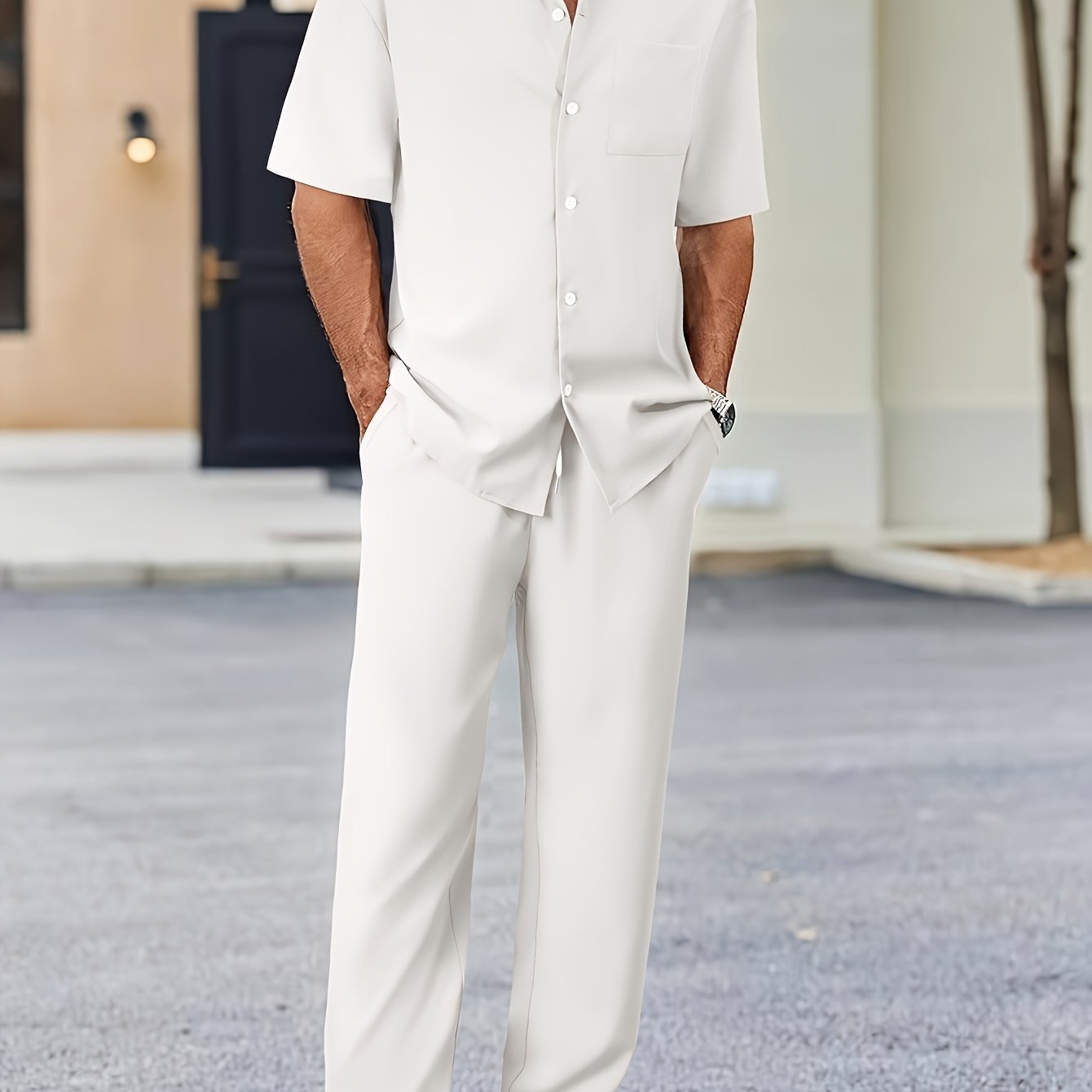 Men's Casual Suit-Inspired Set Short Sleeve Shirt and Loose Pants Polyester