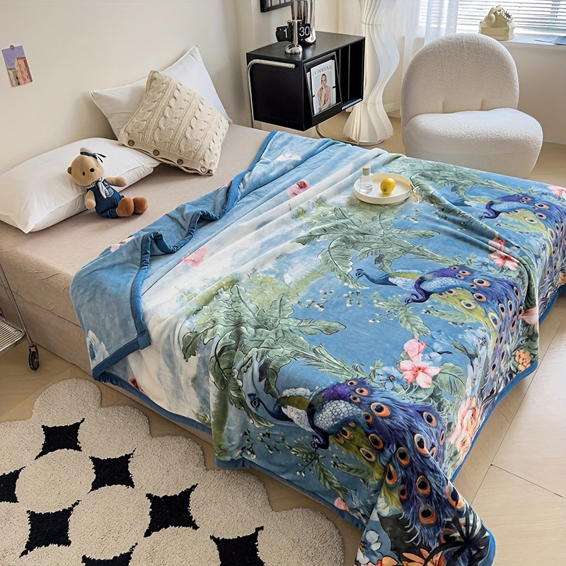 Luxurious Peacock and Floral Coral Fleece Throw Blanket Thick Milk Velvet Cozy Nap Office Use Year-Round Warmth