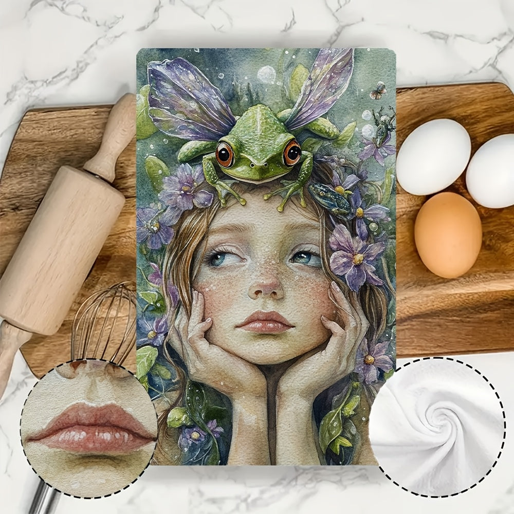 Набор из 2 кухонных полотенец с изображениями заколдованной лягушки и феи, ультра мягкие, впитывающие, 40x60 см