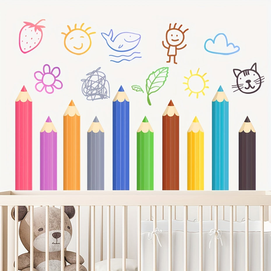 Kids' Cartoon Wall Stickers with School Supplies for Kids' Rooms