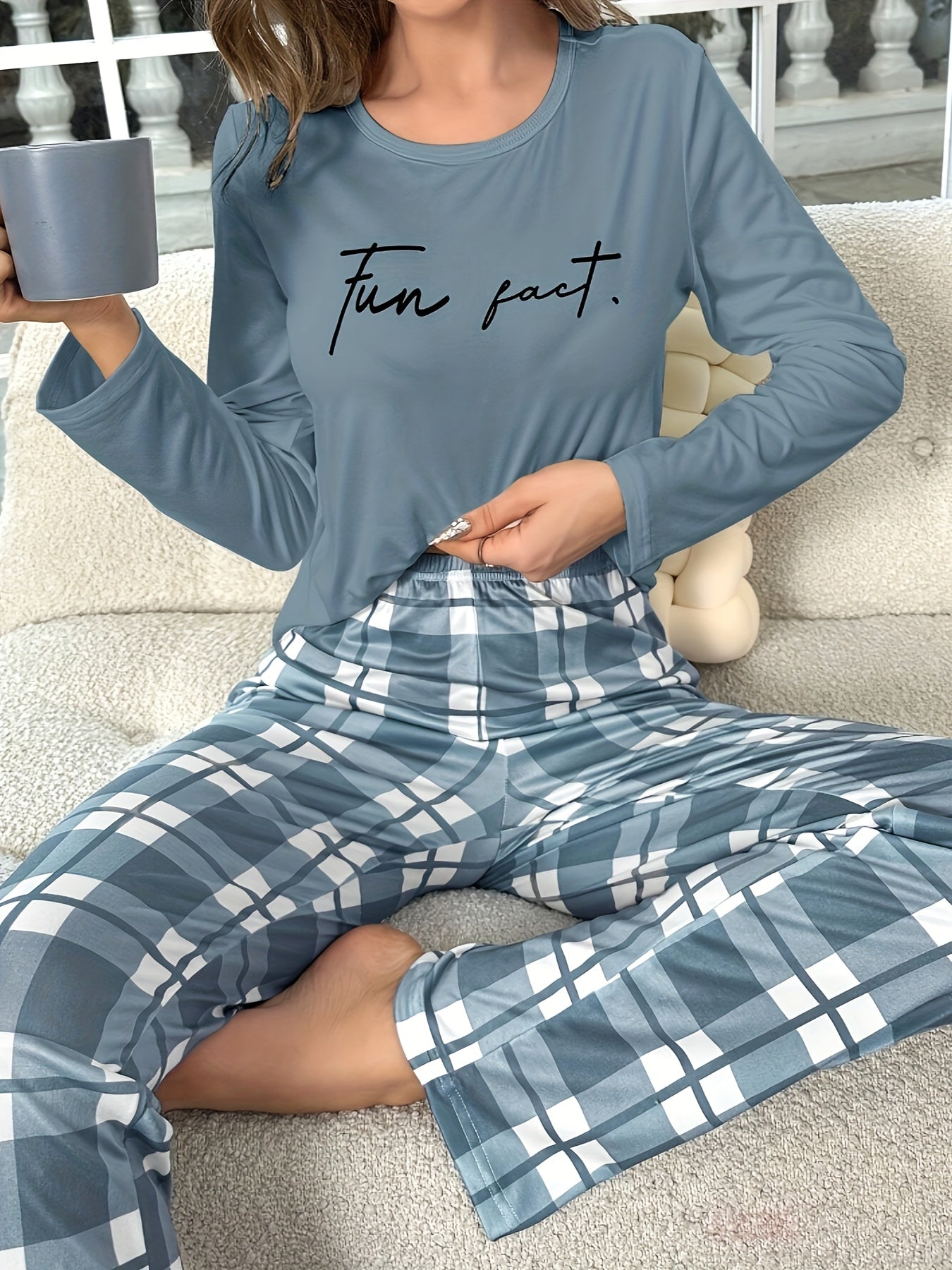 Women's Casual Sleepwear Set Long Sleeve Top and Plaid Trousers Gray-Blue Slogan Print