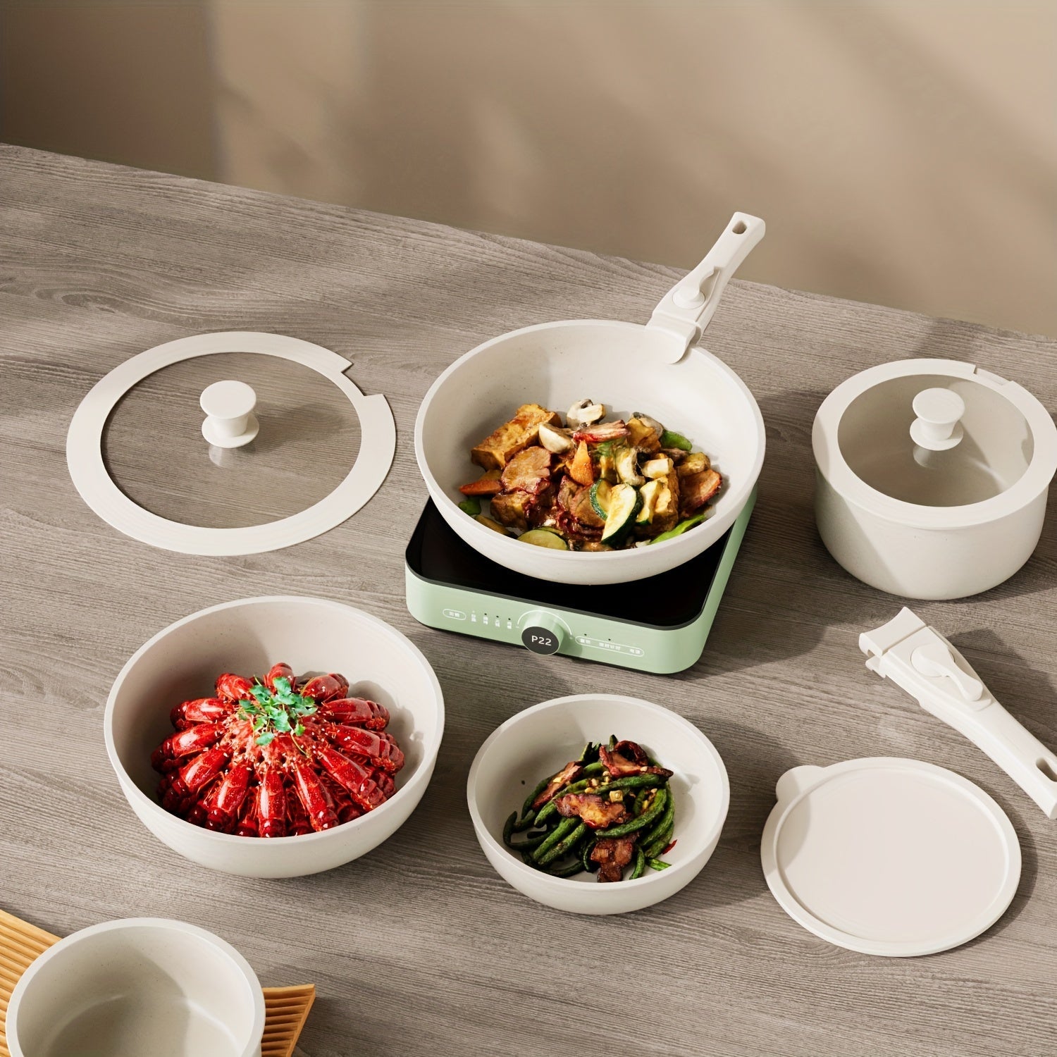 Juego de utensilios de cocina antiadherentes de 15 piezas con mangos desmontables para inducción y camping