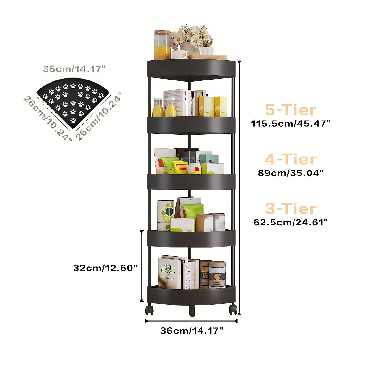 Multi-Tier Storage Rack on Wheels for Fruits Snacks and Beverages Black