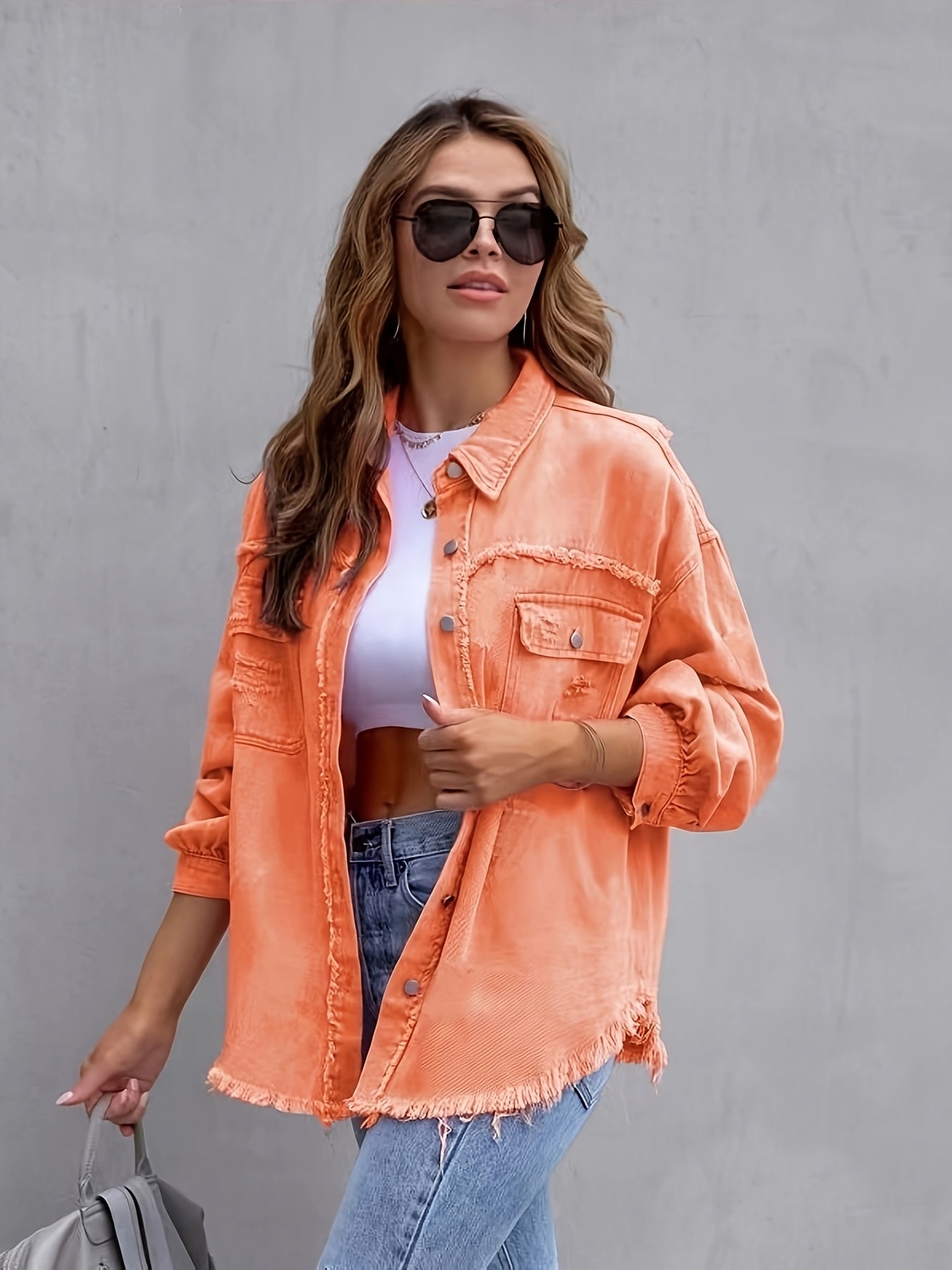 Chaqueta de mezclilla naranja de talla grande para mujer con flecos y estilo callejero